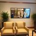 Reflective artwork above seating area