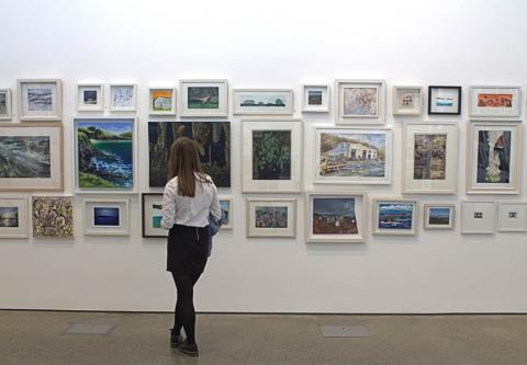 A woman looking at artwork in a gallery