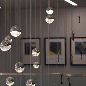 Glass orbs suspended from the ceiling